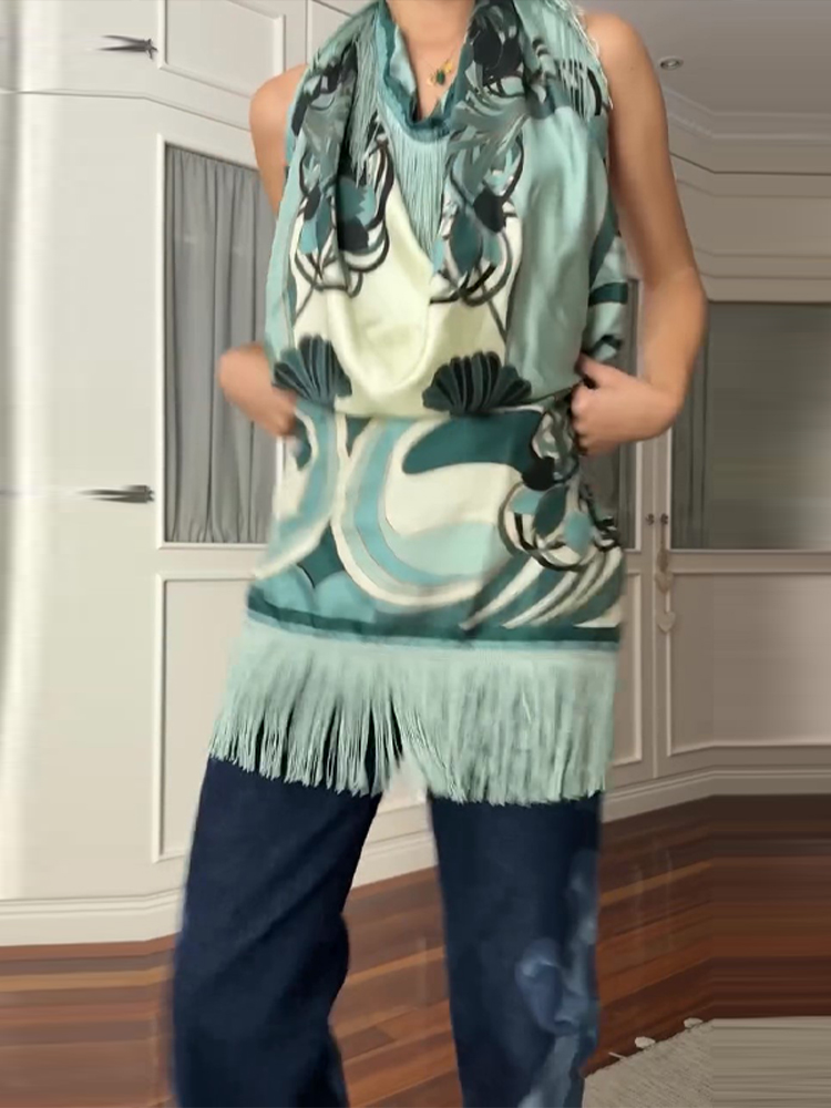 Vintage Fashion Ai - Vintage Printed Tassel Square Scarf Women