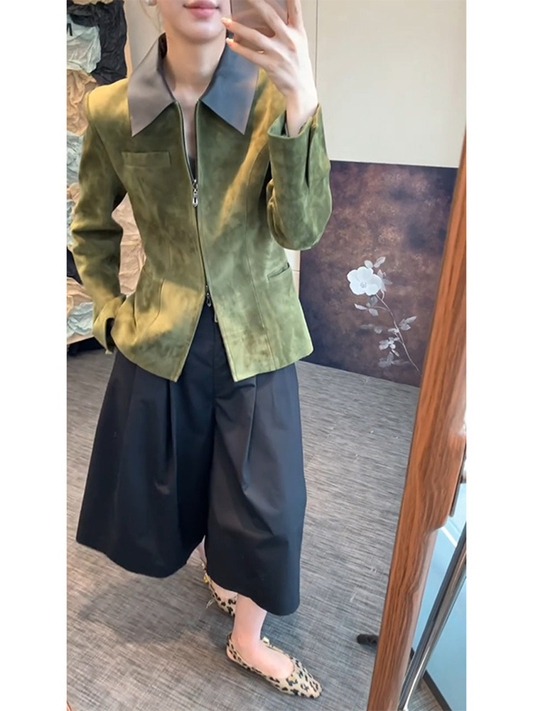 Retro Style Green Suede Jacket - Retro Vintage Korean Fashion 评论和价格