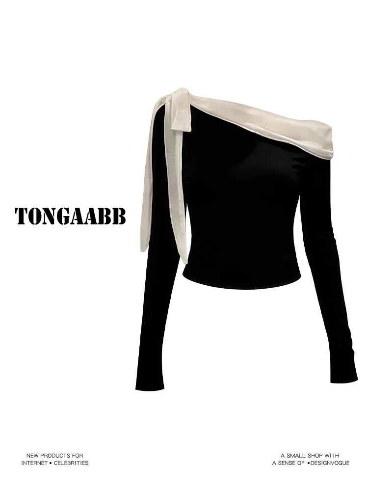 Women's Black Slash Neck T-shi - Retro Vintage Korean Fashion 评论和价格