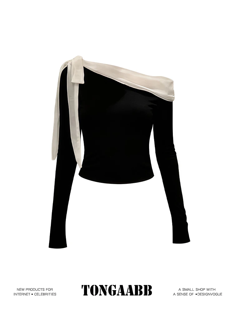 Women's Black Slash Neck T-shi - Retro Vintage Korean Fashion 评论和价格