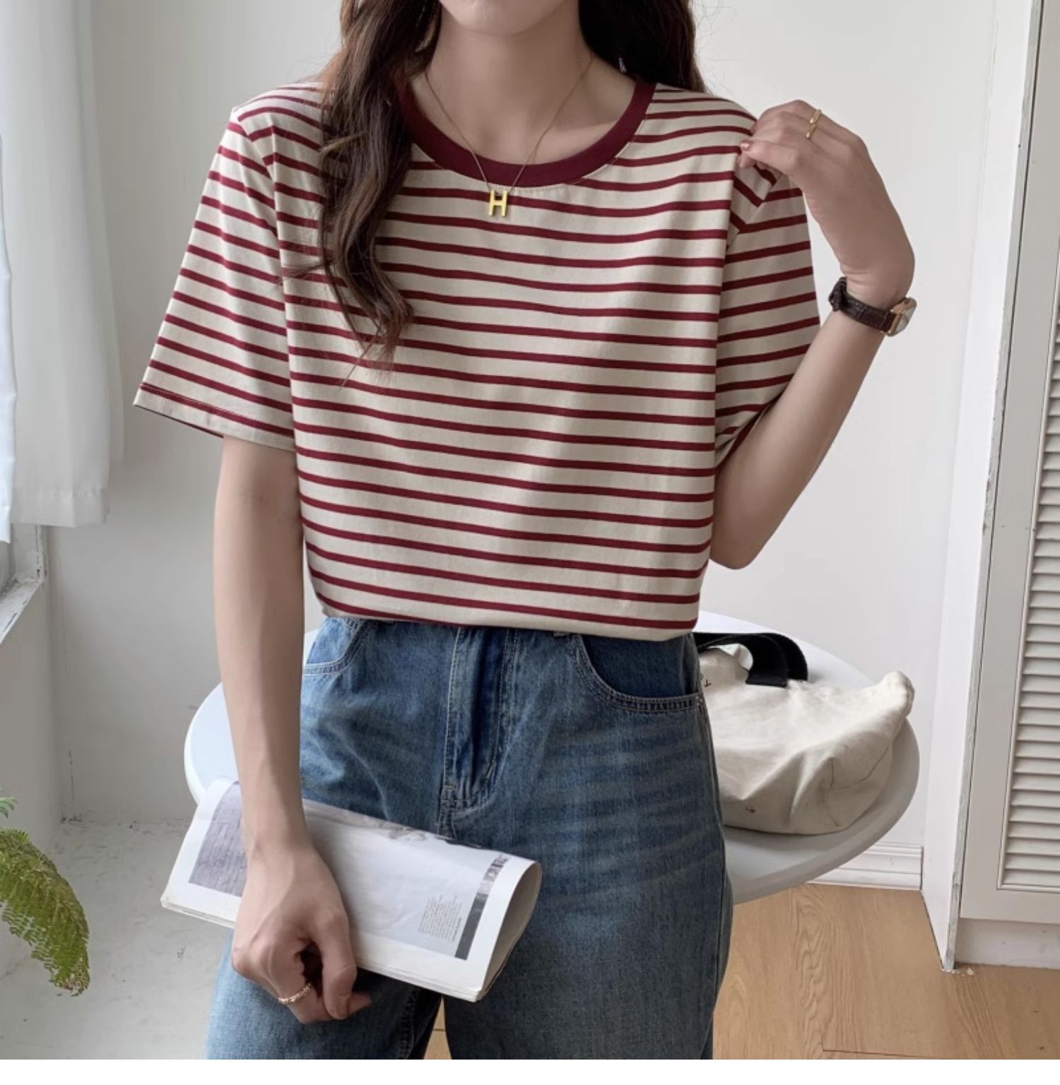 Vintage Striped T-shirt Women  - Retro Vintage Korean Fashion 评论和价格